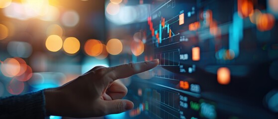 A close-up of a hand pointing at a financial graph on a touchscreen, showcasing data analysis and stock market trends with glowing bokeh in background.