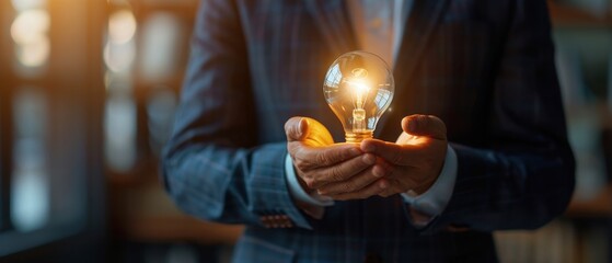 Businessman holding a glowing light bulb in his hands, symbolizing creativity, innovation, and new ideas in a professional setting.