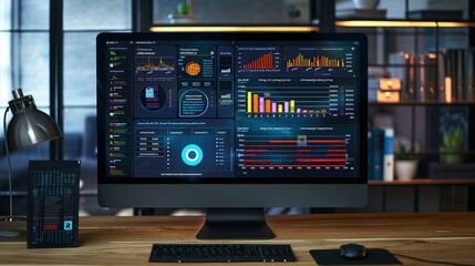 Real-Time Data Analytics and System Health on a Network Monitoring Dashboard Displayed on a Computer Monitor