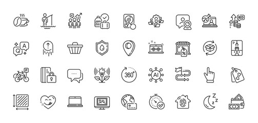 Online chemistry, Square area and Bicycle parking line icons pack. AI, Question and Answer, Map pin icons. Pet tags, Photo thumbnail, Video conference web icon. Vector