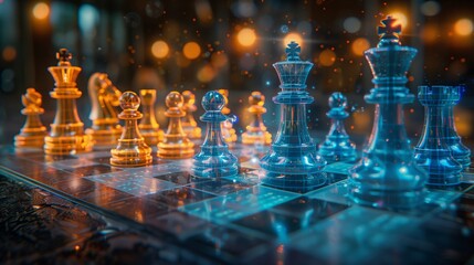 A close-up shot of a holographic chess game with blue and orange pieces, showcasing a dynamic and futuristic approach to the classic game.