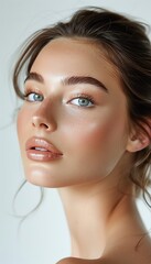 Fototapeta premium Elegant woman with flawless makeup, isolated white background, beauty portrait, copy space, highquality stock image for beauty magazines