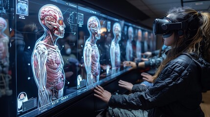 Obraz premium Medical students wearing VR headsets interact with holographic simulations of human anatomy, providing an immersive and interactive learning experience.