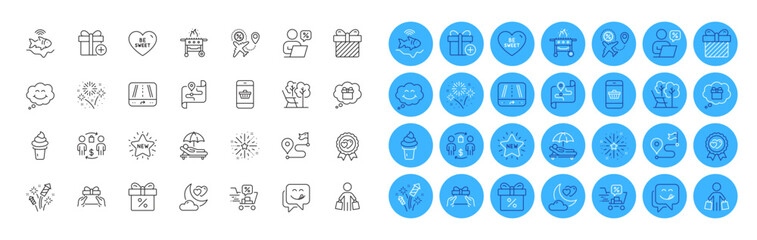 Sunbed, Buyer and Fireworks line icons pack. Smartphone buying, Online discounts, Gift dream web icon. Discount offer, Gps, Buying process pictogram. Flight sale, Gas grill. Color icon buttons. Vector