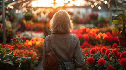 Senior woman walking in garden with lots of spring flowers blooming. Mature female pensioner at the garden centre.