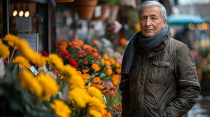 Senior man walking in garden. Mature male pensioner at the garden centre.