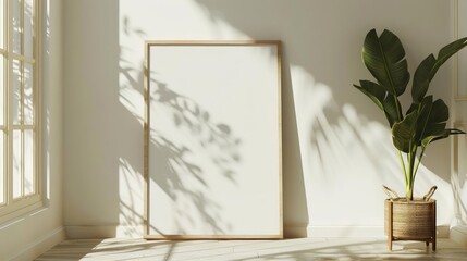 A bright hallway with a mockup frame leaning against a white wall
