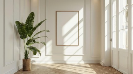 A bright hallway with a mockup frame leaning against a white wall
