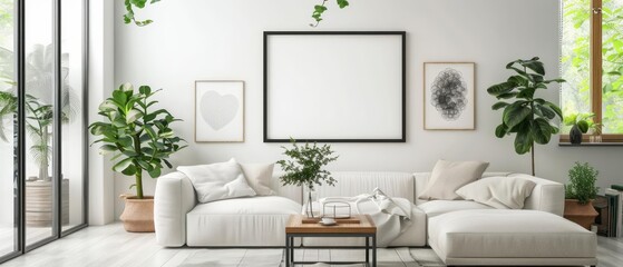 A bright living room featuring a mockup frame on a crisp white wall