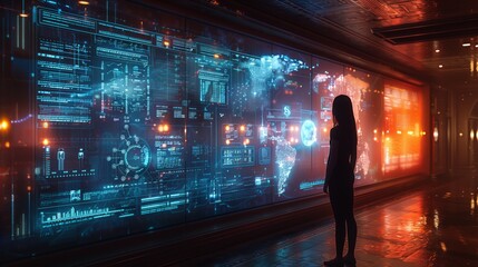 A student explores a futuristic classroom with interactive holographic displays showing information about social studies.