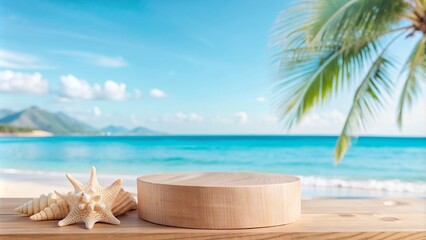 Obraz premium Summer product display on wooden podium at sea tropical beach
