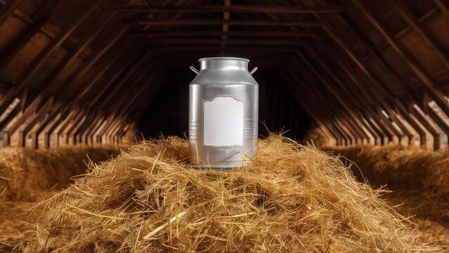 A silver milk churn with a blank label sits on a pile of hay in the loft of a rustic barn, surrounded by wooden beams and straw.