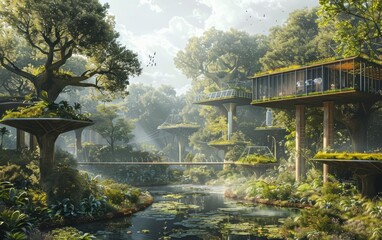 A conceptual hightech nature sanctuary utilizing solarpowered sensors to monitor and maintain ecosystems