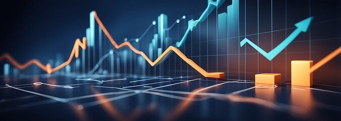 Perspective View of Stock Market Growth with Digital Financial Charts and Indicators on Dark Blue Background

