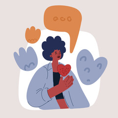 Cartoon vector illustration of Portrait of pretty cheerful glad wavy-haired girl holding in hands heart shape amour