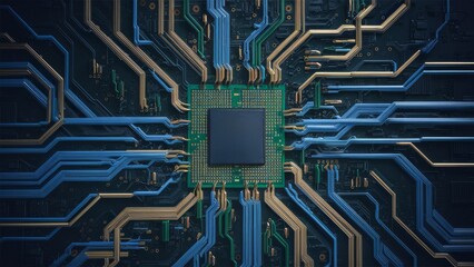 A detailed view of a microchip with blue and gold circuit pathways, showcasing advanced technology and intricate design.