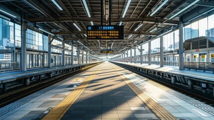 Fototapeta premium A view down an empty train platform in Japan. The platform is clean and well-maintained, with a sign above it displaying information in Japanese.