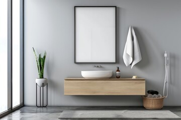 A minimalist bathroom with a mockup frame above a sleek vanity