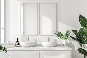 Fototapeta premium A minimalist bathroom with a mockup frame above a sleek vanity