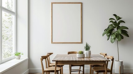 Fototapeta premium A minimalist dining area with a large mockup frame as the focal point