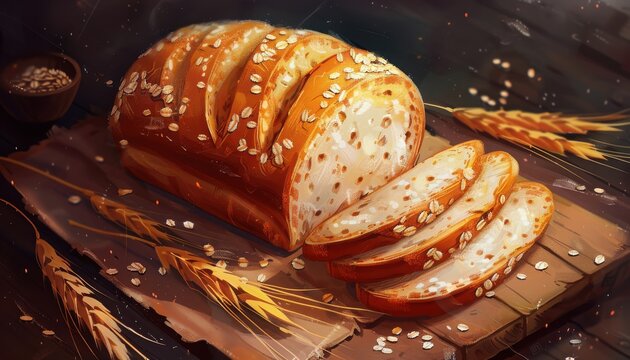 Freshly baked loaf of multigrain bread on a wooden board, sliced and ready to serve, with wheat and grains in the background.