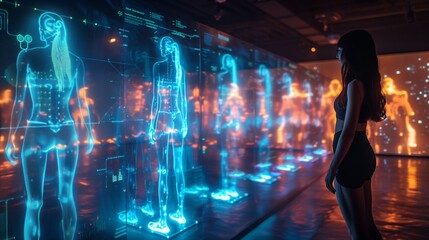 Fototapeta premium A woman participates in a fitness class guided by holographic instructors projected on a large screen in a futuristic studio.