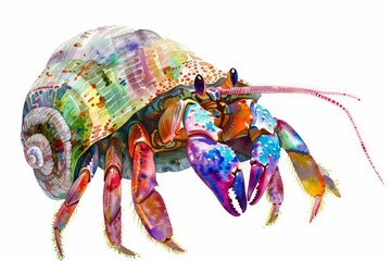 A whimsical watercolor clipart of a hermit crab with a colorful shell on a white background