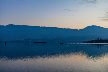 Holzbrücke Rapperswil-Hurden Bridge crossing Lake Obersee  in Switzerland.