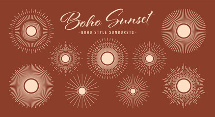 Vintage sunburst, sunset beams collection. Boho style, modern minimalist bohemian design. Hand drawn bursting sun, light rays. Logotype or lettering design element in retro style. Vector illustration