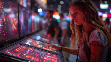 A young woman interacts with a holographic display at the Costaposta Comic Convention.