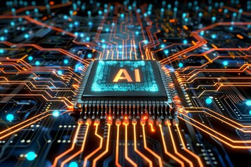 AI microchip with glowing circuits on a motherboard, vibrant colors, high tech digital illustration, futuristic artificial intelligence 