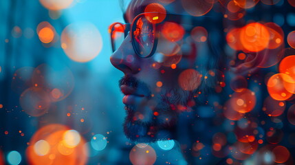 A young man with a beard and glasses works in a digital business company. Double exposure of a high-tech interface and the orange glare of evening city lights. 