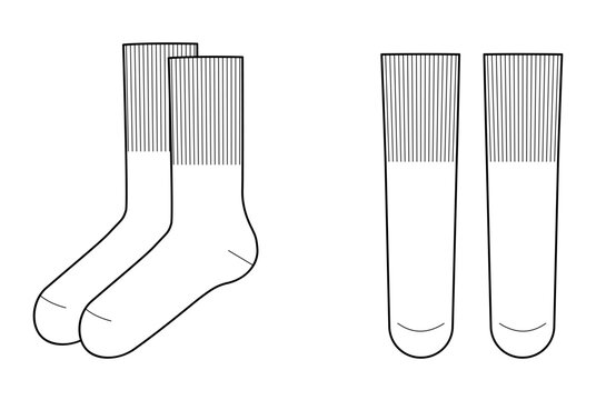 Mid Calf Socks with wide elastic band length set. Fashion hosiery accessory clothing technical illustration. Vector front, side view for Men, women style, flat template mockup sketch outline isolated