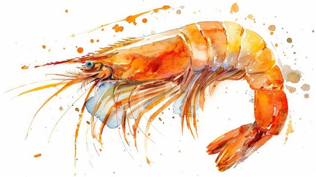 recommend clip art: An elegant watercolor clipart of a shrimp with delicate details on a white background