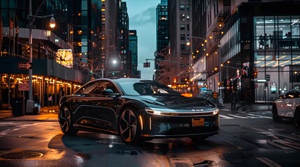 Black Sedan in a City Street at Night