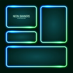 Glowing neon banners, illuminated colorful square frames. Shiny vibrant border, glow effect. Azure vintage retro lights, night illumination. Modern futuristic UI design elements. Vector illustration