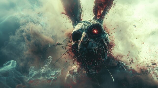 A terrifying, skeletal rabbit with glowing red eyes and a sinister expression surrounded by smoke