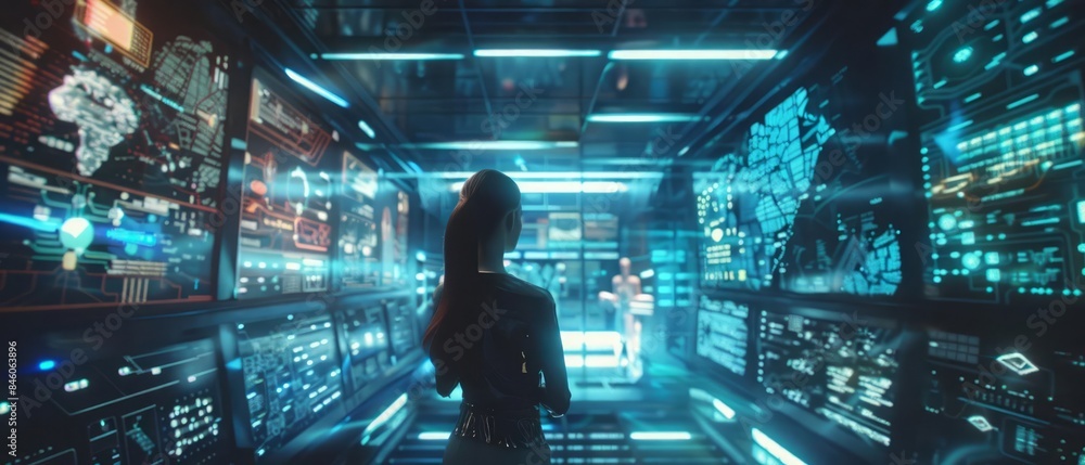Poster futuristic holographic displays floating in a conceptual hightech background