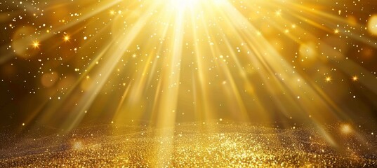 Abstract golden yellow light burst on dark background with magical sparkling rays