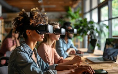 Employees using VR for immersive training sessions in a hightech business environment