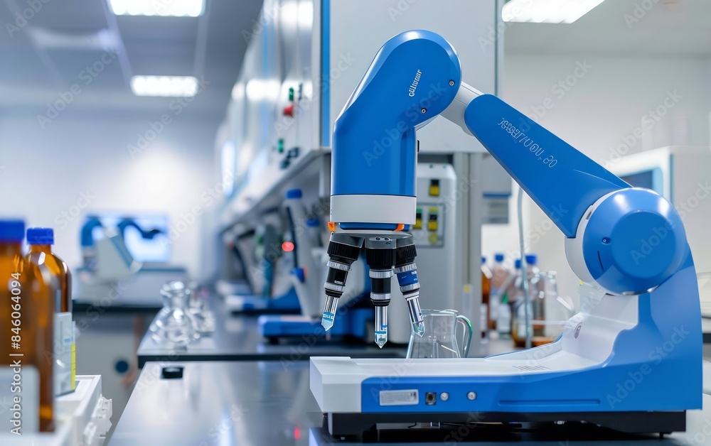 Poster hightech chemistry labs with automated synthesis robots for efficient reactions