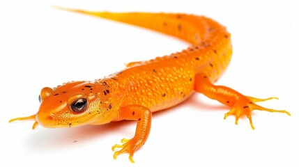Obraz premium Eye-catching red eft newt explores a blank canvas, displaying its striking color and detailed markings. Ideal for nature enthusiasts and wildlife admirers