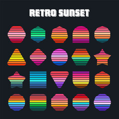 Vintage sunset collection. Various colorful striped sunrise badges in 80s and 90s style. Sun and ocean view, summer vibes, surfing. Design element for print, logo or t-shirt. Vector illustration