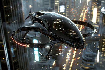 Fototapeta premium Personal air vehicles using vertical takeoff and landing VTOL technology in a futuristic transport model