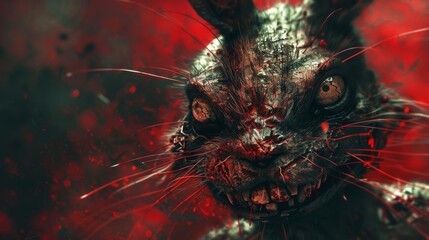 A terrifying, skeletal rabbit with glowing red eyes and a sinister expression surrounded by smoke