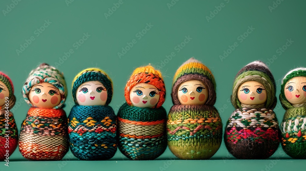 Wall mural isolated curious handmade dolls babushka green background