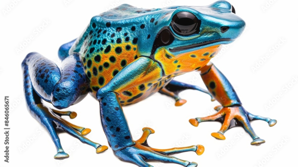 Poster vibrant poison dart frog displaying intricate patterns and vibrant hues against a white backdrop