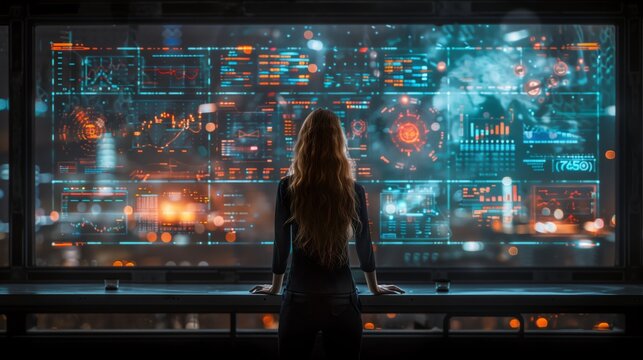 A woman stands in a futuristic classroom, studying holographic charts depicting economic data.