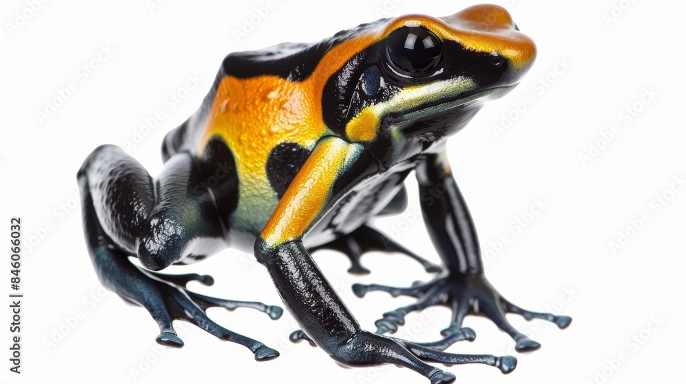 Poster striking poison dart frog displaying vivid colors and intricate skin pattern, showcasing its toxic n