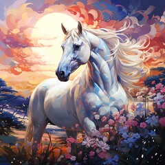 Majestic white horse stands gracefully among colorful flowers, illuminated by a radiant sunset in a dreamy, artistic scene.